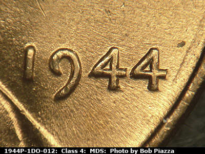 Die-stage B marker on 1944P•1DO•012 (1944 Doubled Die Obverse).