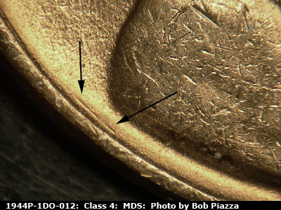 Die-stage B marker on 1944P•1DO•012 (1944 Doubled Die Obverse).