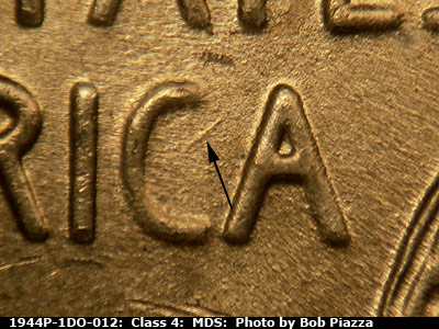 Die-stage B marker on 1944P•1DO•012 (1944 Doubled Die Obverse).