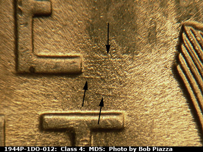 Die-stage B marker on 1944P•1DO•012 (1944 Doubled Die Obverse).