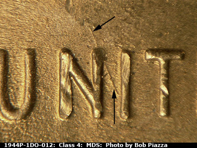 Die-stage B marker on 1944P•1DO•012 (1944 Doubled Die Obverse).