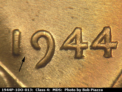 Die-stage B marker on 1944P•1DO•013 (1944 Doubled Die Obverse).
