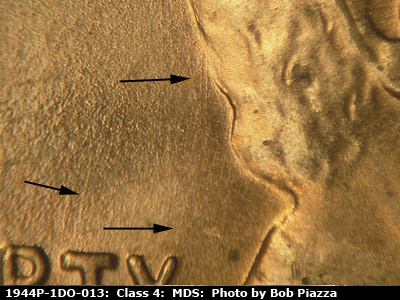 Die-stage B marker on 1944P•1DO•013 (1944 Doubled Die Obverse).