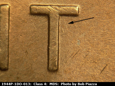 Die-stage B marker on 1944P•1DO•013 (1944 Doubled Die Obverse).