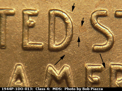 Die-stage B marker on 1944P•1DO•013 (1944 Doubled Die Obverse).