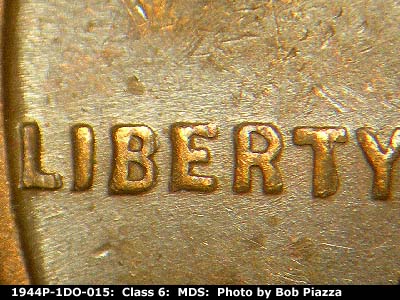 Die-stage B marker on 1944P•1DO•015 (1944 Doubled Die Obverse).
