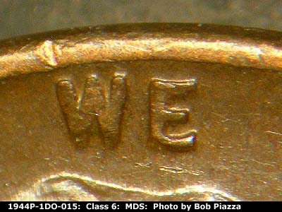 Die-stage B marker on 1944P•1DO•015 (1944 Doubled Die Obverse).
