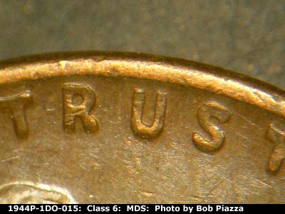 Die-stage B marker on 1944P•1DO•015 (1944 Doubled Die Obverse).