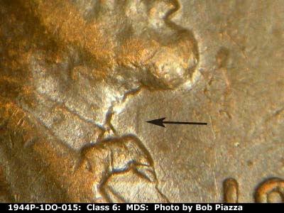Die-stage B marker on 1944P•1DO•015 (1944 Doubled Die Obverse).
