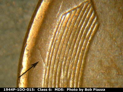 Die-stage B marker on 1944P•1DO•015 (1944 Doubled Die Obverse).