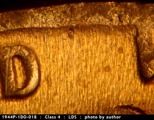 Die-stage C marker on 1944P•1DO•018 (1944 Doubled Die Obverse).