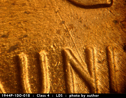 Die-stage C marker on 1944P•1DO•018 (1944 Doubled Die Obverse).