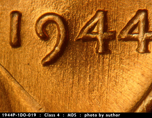 Die-stage B marker on 1944P•1DO•019 (1944 Doubled Die Obverse).