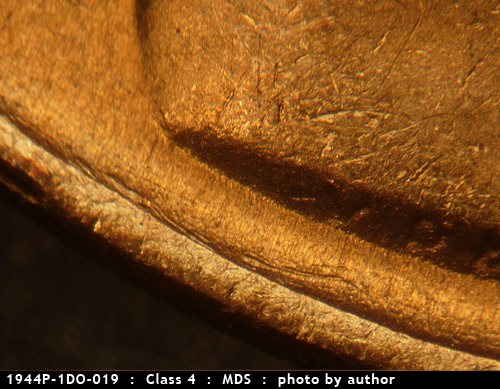 Die-stage B marker on 1944P•1DO•019 (1944 Doubled Die Obverse).
