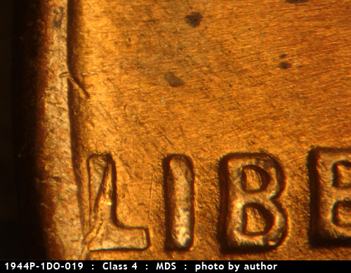 Die-stage B marker on 1944P•1DO•019 (1944 Doubled Die Obverse).