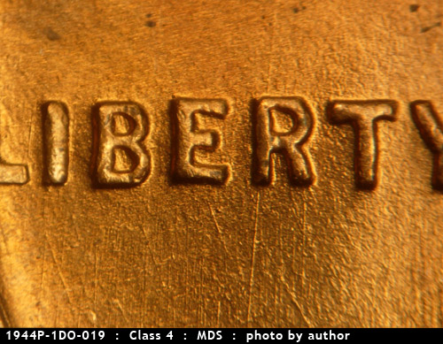 Die-stage B marker on 1944P•1DO•019 (1944 Doubled Die Obverse).