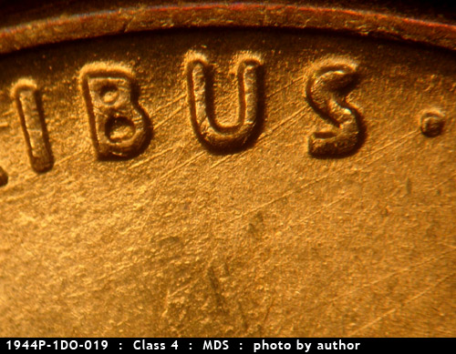 Die-stage B marker on 1944P•1DO•019 (1944 Doubled Die Obverse).
