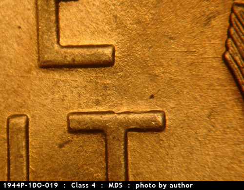 Die-stage B marker on 1944P•1DO•019 (1944 Doubled Die Obverse).
