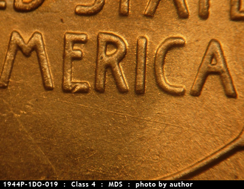 Die-stage B marker on 1944P•1DO•019 (1944 Doubled Die Obverse).