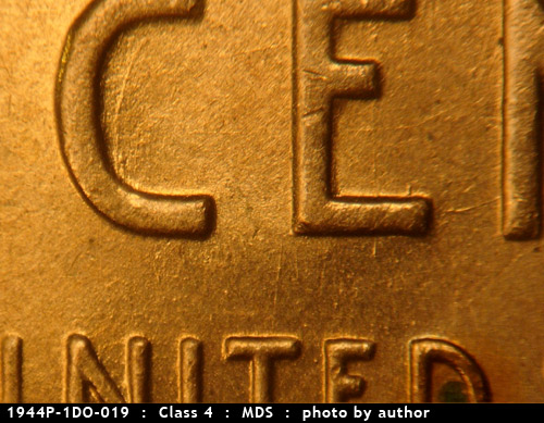 Die-stage B marker on 1944P•1DO•019 (1944 Doubled Die Obverse).