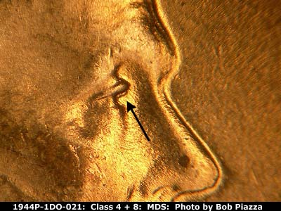 Die-stage B marker on 1944P•1DO•021 (1944 Doubled Die Obverse).