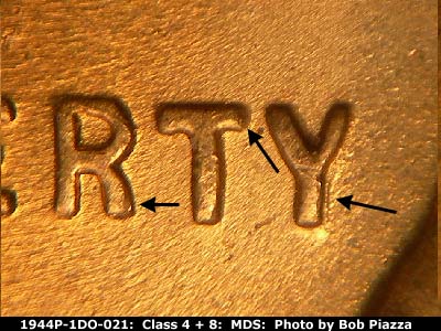 Die-stage B marker on 1944P•1DO•021 (1944 Doubled Die Obverse).