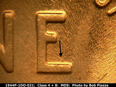Die-stage B marker on 1944P•1DO•021 (1944 Doubled Die Obverse).