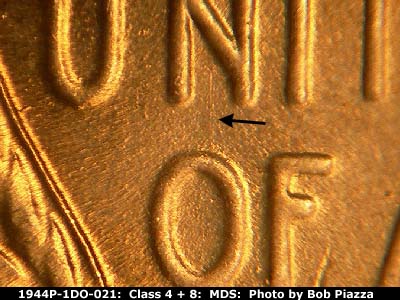 Die-stage B marker on 1944P•1DO•021 (1944 Doubled Die Obverse).