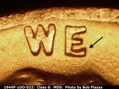 Die-stage B marker on 1944P•1DO•022 (1944 Doubled Die Obverse).