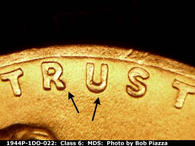 Die-stage B marker on 1944P•1DO•022 (1944 Doubled Die Obverse).