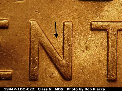 Die-stage B marker on 1944P•1DO•022 (1944 Doubled Die Obverse).