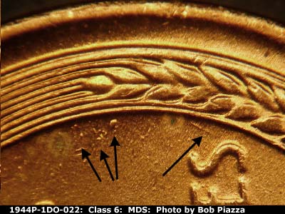 Die-stage B marker on 1944P•1DO•022 (1944 Doubled Die Obverse).