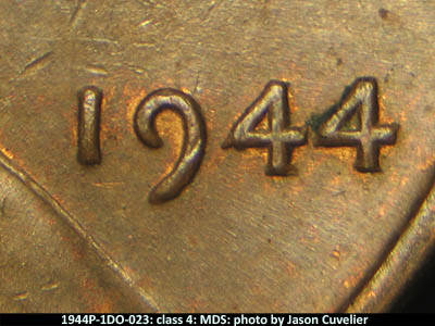 Die-stage B marker on 1944P•1DO•023 (1944 Doubled Die Obverse).