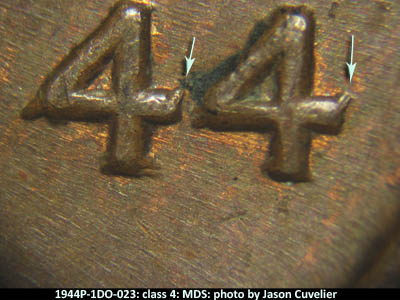 Die-stage B marker on 1944P•1DO•023 (1944 Doubled Die Obverse).