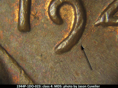 Die-stage B marker on 1944P•1DO•023 (1944 Doubled Die Obverse).