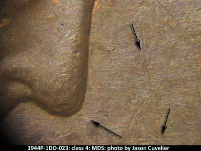 Die-stage B marker on 1944P•1DO•023 (1944 Doubled Die Obverse).