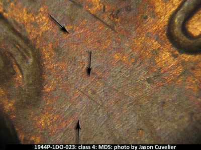 Die-stage B marker on 1944P•1DO•023 (1944 Doubled Die Obverse).