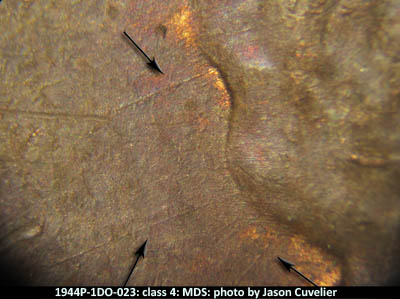 Die-stage B marker on 1944P•1DO•023 (1944 Doubled Die Obverse).