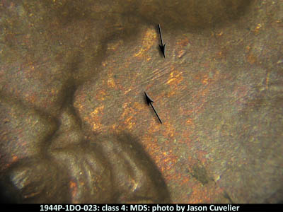 Die-stage B marker on 1944P•1DO•023 (1944 Doubled Die Obverse).