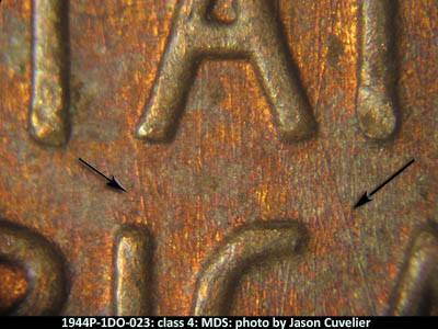 Die-stage B marker on 1944P•1DO•023 (1944 Doubled Die Obverse).