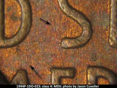 Die-stage B marker on 1944P•1DO•023 (1944 Doubled Die Obverse).