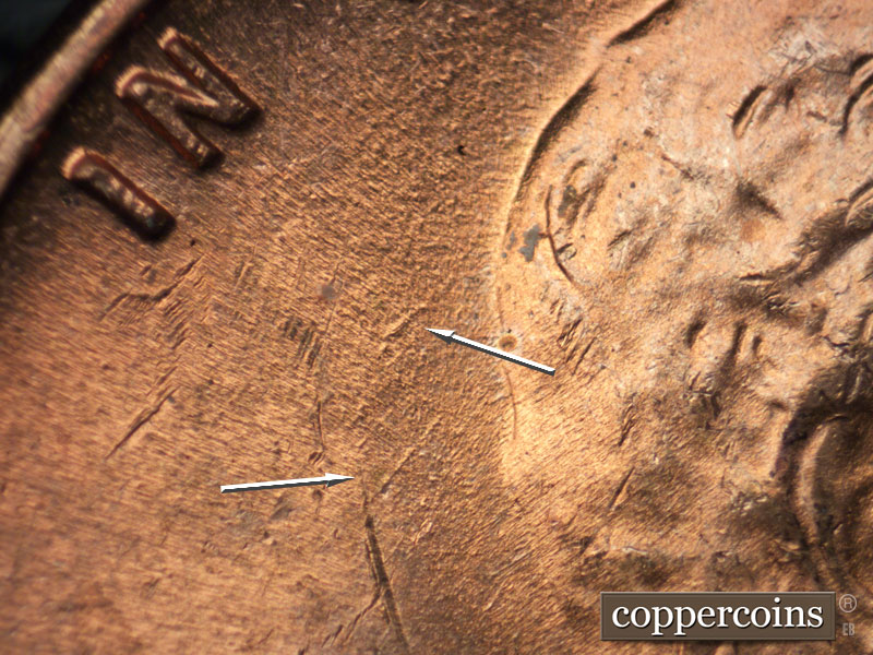 Die-stage B marker on 1944P•1DO•026 (1944 Doubled Die Obverse).
