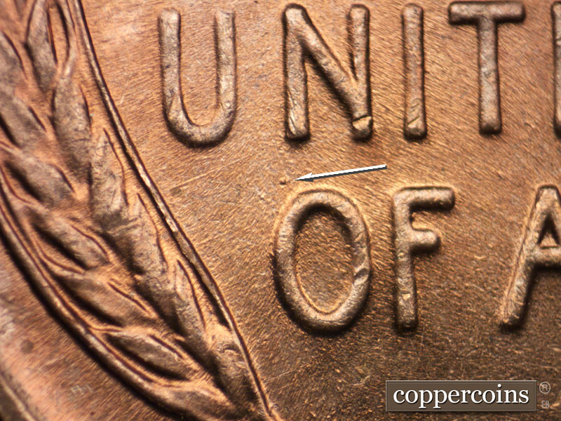 Die-stage B marker on 1944P•1DO•026 (1944 Doubled Die Obverse).