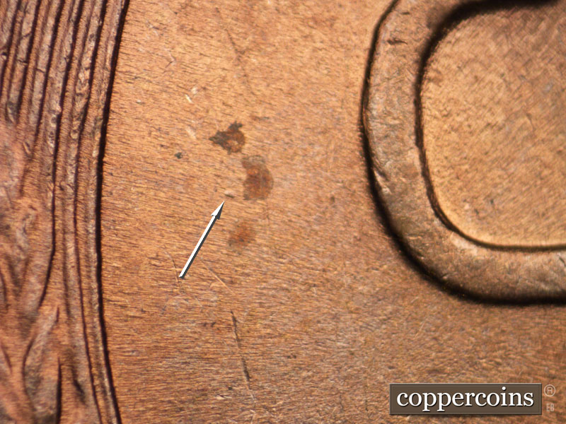 Die-stage B marker on 1944P•1DO•026 (1944 Doubled Die Obverse).