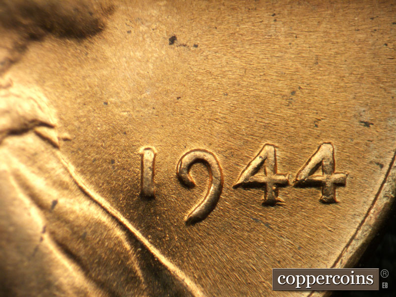 Die-stage B marker on 1944P•1DO•027 (1944 Doubled Die Obverse).