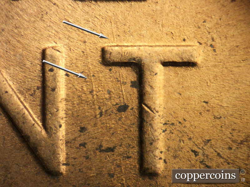 Die-stage B marker on 1944P•1DO•027 (1944 Doubled Die Obverse).