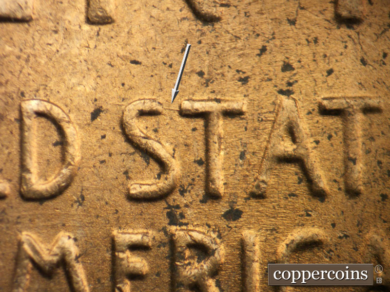 Die-stage B marker on 1944P•1DO•027 (1944 Doubled Die Obverse).