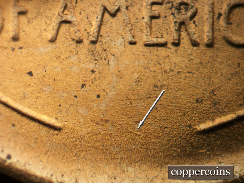 Die-stage B marker on 1944P•1DO•027 (1944 Doubled Die Obverse).