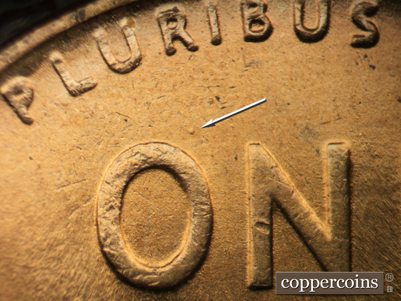 Die-stage B marker on 1944P•1DO•027 (1944 Doubled Die Obverse).