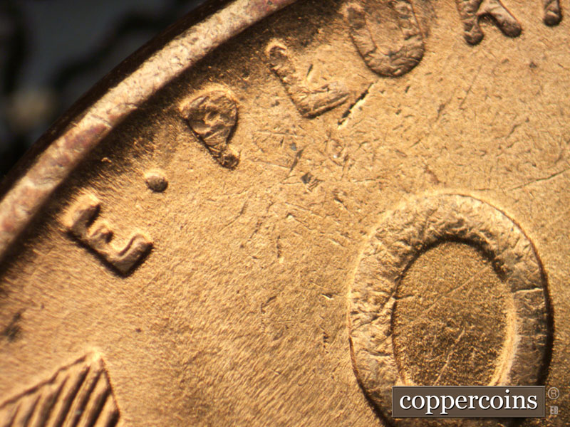 Die-stage B marker on 1944P•1DO•030 (1944 Doubled Die Obverse).